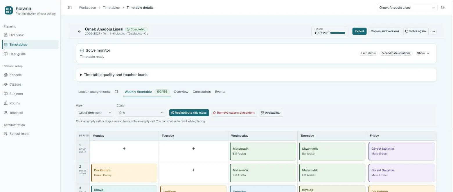Weekly timetable view: class 9-A's lessons placed across days and periods, the solve monitor, and 192/192 periods placed.