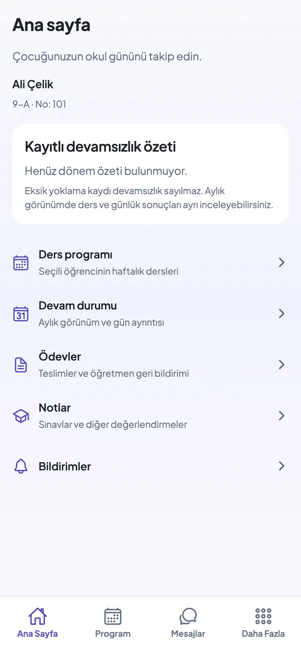Veli ana sayfası: devamsızlık özeti, ders programı, ödevler ve notlar.
