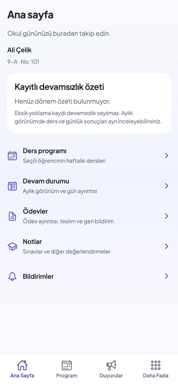 Öğrenci ana sayfası: devam durumu, ödevler ve notlar.