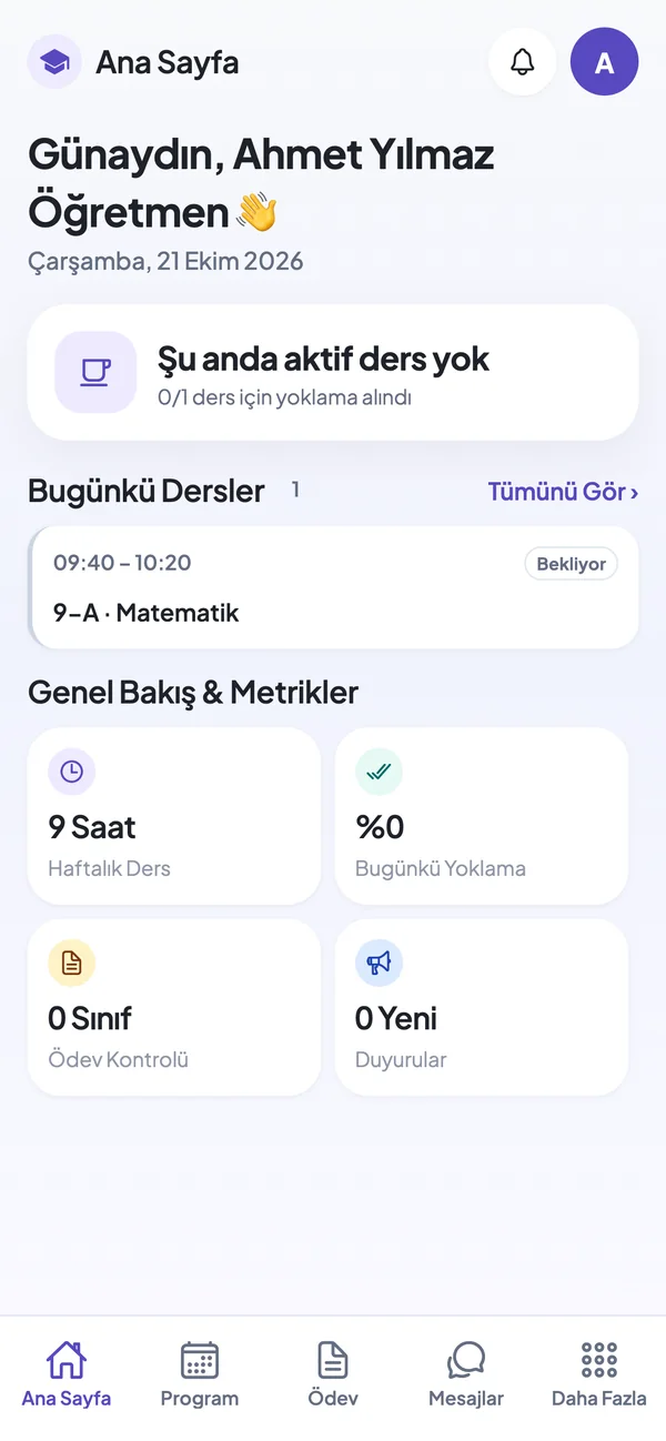 OkulTakip mobil uygulamasında öğretmen ana sayfası: bugünkü dersler ve haftalık metrikler.
